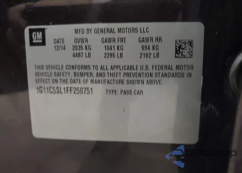 2015 Chevrolet Malibu 1Lt z USA, uszkodzony, nr VIN 1G11C5SL1FF250751